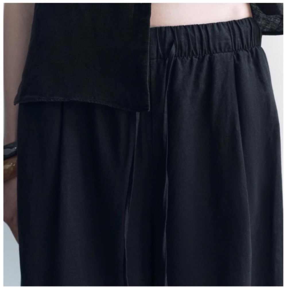 NWT Zara Black Wide-Leg Linen Pants Trousers with Elastic Waist - Picture 2 of 8